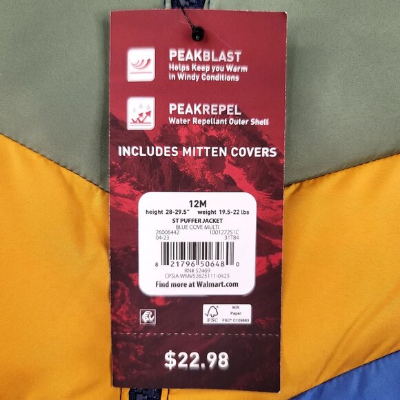 Swiss Tech 12M Boys Puffer Jacket Hood Mitten Covers Blue Yellow Green Peaks - Picture 3 of 7